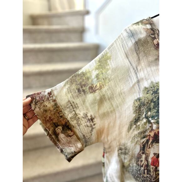 Yuvita Linen Boxy Short Sleeve Romantic Regency Georgian Colonial Print Blouse - Picture 4 of 9